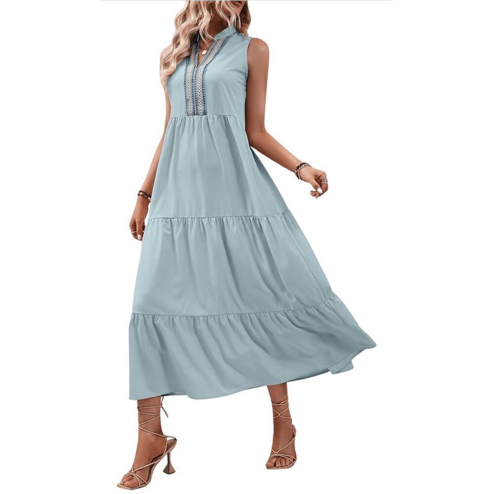 NEW V Neck A Line Dress Notched Neck Tape Tiered Midi Dress M